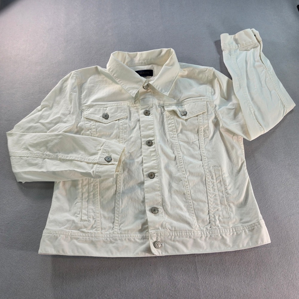 Talbots Womens White Denim Jacket Size L Cotton Blend Button Front Classic Coat